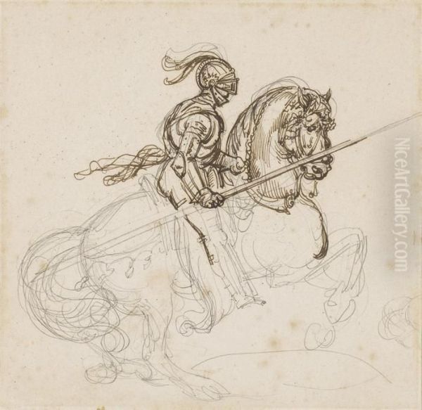 Cavalier En Armure A Cheval;
Palfrenier Pansant Un Cheval; Et Croquis Representant Une Assemblee De
Personnages - view 1