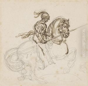 Cavalier En Armure A Cheval; 
Palfrenier Pansant Un Cheval; Et Croquis Representant Une Assemblee De 
Personnages