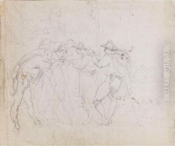 Verso: Etude De Cavaliers Et Troupeau De Taureaux, Et Etude De Paysans Italiens - view 1