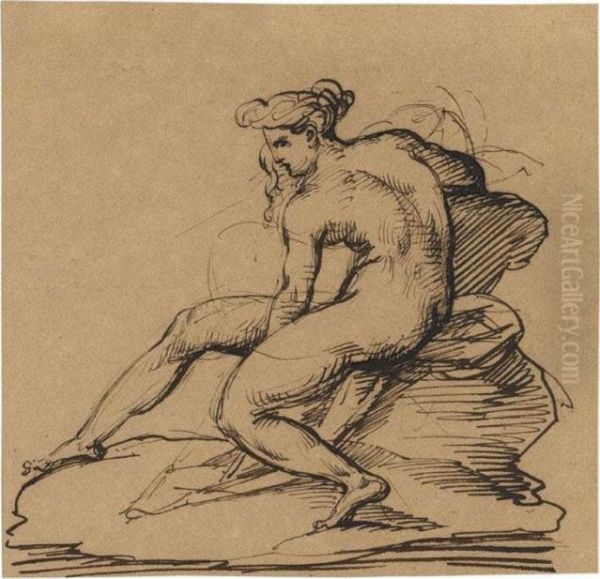 A Nude Woman, Seen In Profile To The Left, Seated On Rocks - view 1
