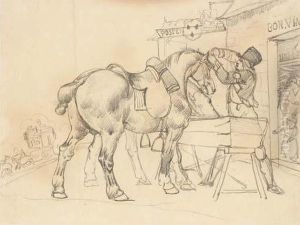 A Postal Conductor Attending To Two Saddled Horses In Front Of Apostal Relay Station by Theodore Gericault