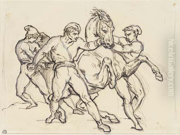 Three Men Restraining A Horse - view 1