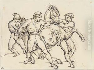 Three Men Restraining A Horse Three Men Restraining A Horse
