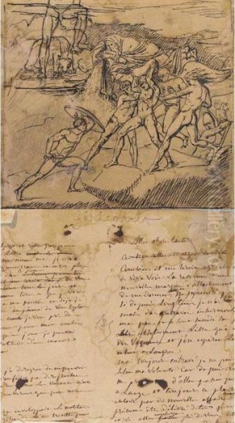Sketch For A Battle Scene With A Letter From The Artist On Reverse - view 1