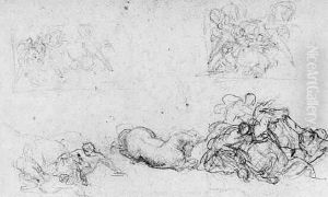 Trois Croquis Pour La Course Des Chevaux Libres by Theodore Gericault
