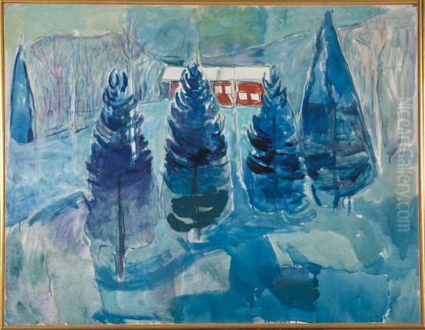 Red House and Spruces - view 1