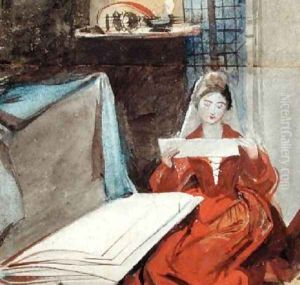 A Lady in a Medieval Costume studying the Contents of a Portfolio by Daniel Maclise