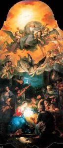 Adoration of the Shepherds with God in a glory of angels