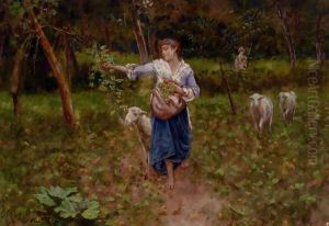 A Shepherdess In A Pastoral Landscape by Francesco Paolo Michetti