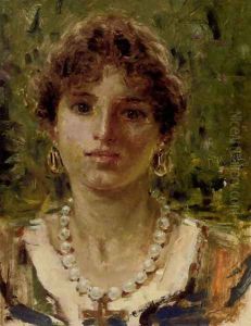 Portrait Of A Girl Wearing A Pearl Necklace by Francesco Paolo Michetti