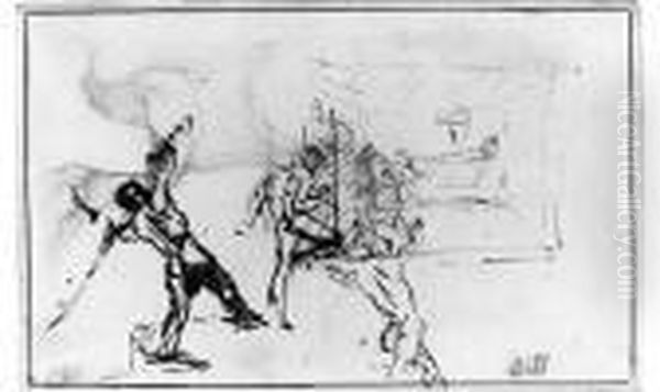 Etude De Personnages Et Etude Esquissee Au Crayon D'un Lit - Page De Carnet. - view 1