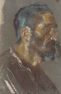 Portrait of a bearded gentleman, bust-length, profile, with an earring by Francesco Paolo Michetti