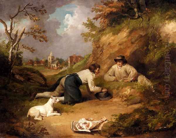 Two Men Hunting Rabbits With Their Dog, A Village Beyond - view 1
