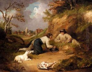 Two Men Hunting Rabbits With Their Dog, A Village Beyond by George Morland