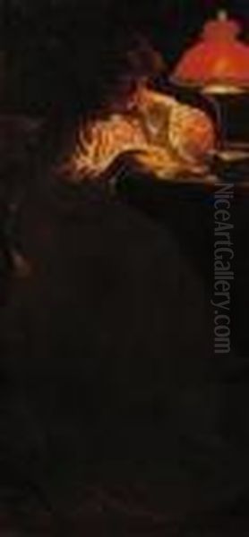 Woman Reading By Lamp Light - view 1