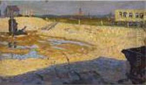 Landschap Met Zandvlakte En Bebouwing, Karretje Op De Voorgrond