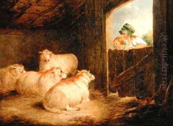 Two Girls Observing Sheep in a Barn - view 1