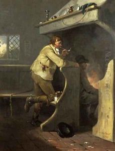 A man smoking a pipe by an inn fire by George Morland