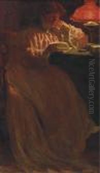 Woman Reading By Lamp Light - view 1