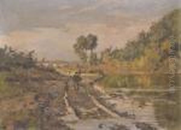 Figure Lungo Il Corso Di Un Fiume Con Abitato Inlontananza - view 1