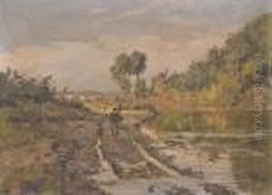 Figure Lungo Il Corso Di Un Fiume Con Abitato Inlontananza by Cesare Gheduzzi
