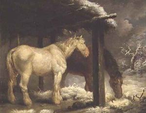 Shire Horses by a Thatched Shelter in a Stormy Wintery Landscape 1790