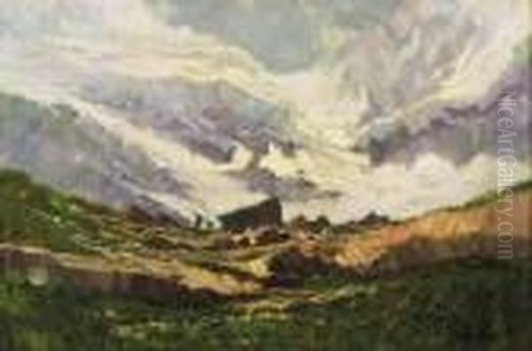 Paesaggio Montano Con Baite E Figure - view 1