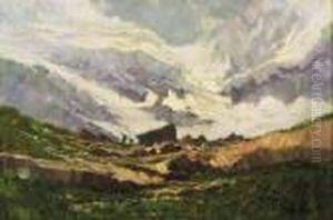Paesaggio Montano Con Baite E Figure