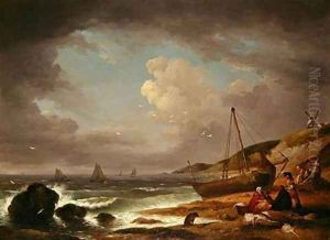 Coastal Scene with Men Mending a Boat