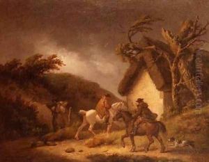 A stormy wooded landscape with travellers by George Morland