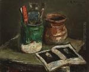 Still Life With Pot, Brushes And Artbook