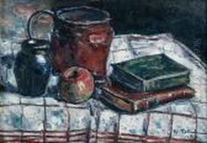 Nature Morte Aux Livres Sur Une Nappe A Carreaux by Petrascu Gheorghe