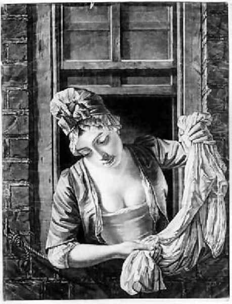 Woman wringing washing - view 1