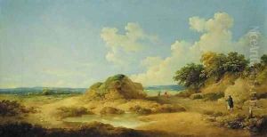 A heathland landscape with figures on a path