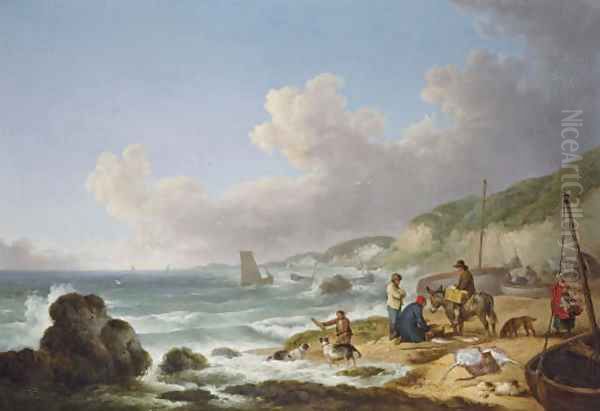 A view of Gurnhards Bay, near Cowes, Isle of Wight, with fisherfolk on the shore - view 1