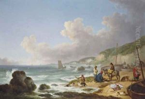 A view of Gurnhards Bay, near Cowes, Isle of Wight, with fisherfolk on the shore by George Morland