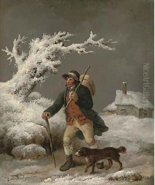 A cottager and his dog in a winter landscape - view 1
