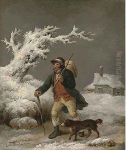 A cottager and his dog in a winter landscape by George Morland