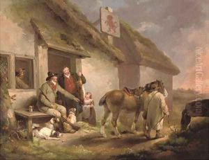 A game keeper with other figures, dogs and a horse outside the Red Lion inn at sunset