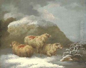 Sheep in a winter landscape by George Morland