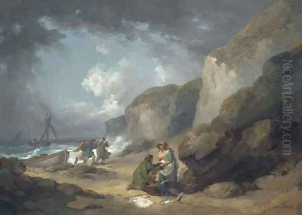 A coastal scene with fisherfolk on the shore - view 1