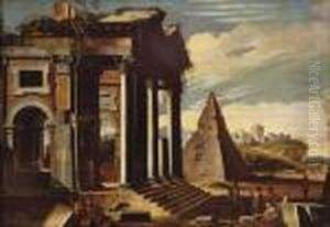 A Capriccio View With Figures 
Amongst Ancient Ruins And A Pyramid, A Herdsman And His Cattle Beyond by Giovanni Ghisolfi