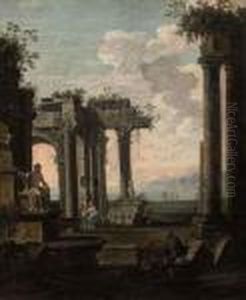 A Peasant Watering His Horse Amongst Classical Ruins by Giovanni Ghisolfi