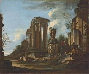 A Capriccio Of Roman Ruins With 
The Trofei Di Mario And The Temple Of The Sibyl At Tivoli And Figures 
Conversing
