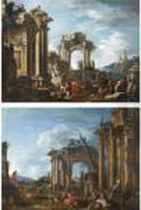 Architectural Capriccio With A 
Statue Of Mercury; Architectural Capriccio With Conversing Figures, A 
Round Dance Beyond. by Giovanni Ghisolfi