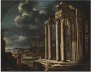 An Architectural Capriccio Of Roman Ruins With Figuresconversing by Giovanni Ghisolfi
