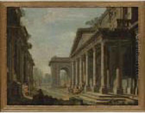 Figures Among Classical Ruins With Gardens Beyond - view 1