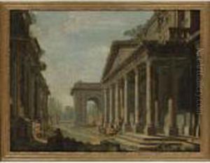Figures Among Classical Ruins With Gardens Beyond by Giovanni Ghisolfi