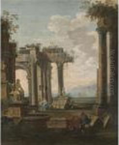 An Architectural Capriccio With Figures Amongst Classical Ruins by Giovanni Ghisolfi