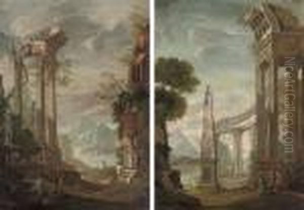 An Architectural Capriccio Of 
Classical Ruins With Figures By A Sculpted Urn, Mountains Beyond; And An
 Architectural Capriccio Of Classical Ruins With Figures By An Obelisk, 
Mountains Beyond - view 1